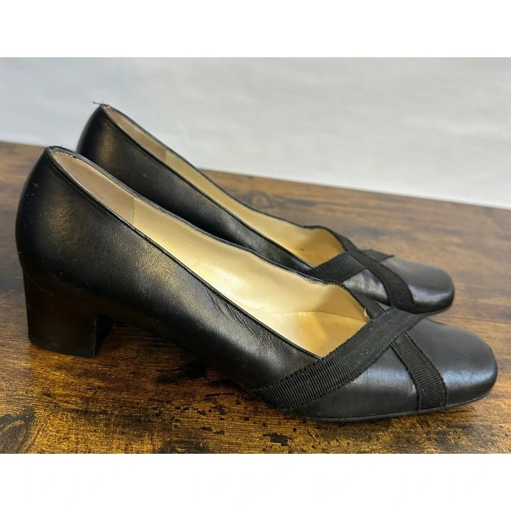 Salvatore Ferragamo Boutique Black Leather Square Toe Block Heel Pumps 6 B Italy - Picture 10 of 16